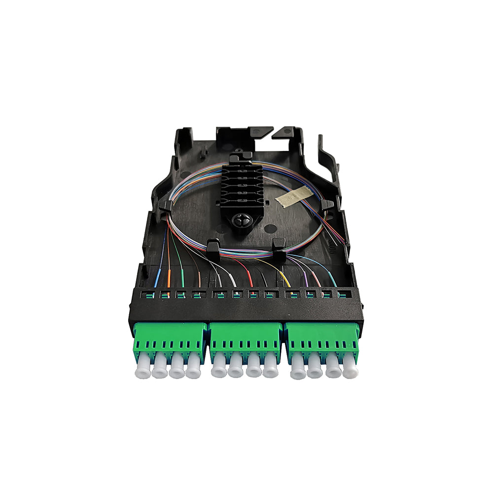 FHD18 Single mode Fiber Pigtail Spliced Cassette w/ 3x LC/APC Quad Adapter- Green